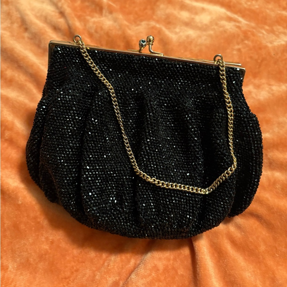 Vintage Black Micro Beaded Clutch with Gold Accents for Evening Events